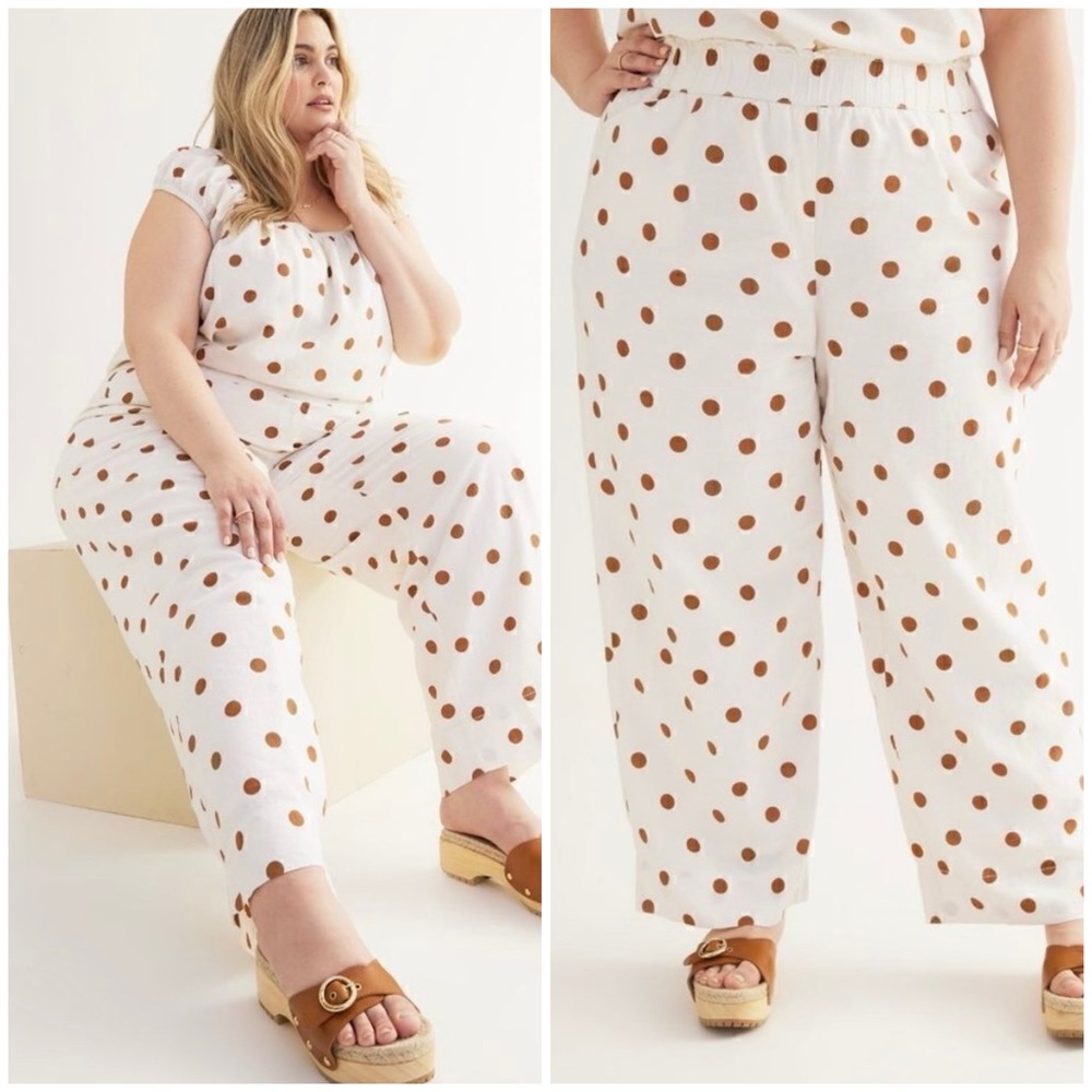 Off White & Gold Dotted Lightweight Linen Blend Wide Leg Pull On Pants‎